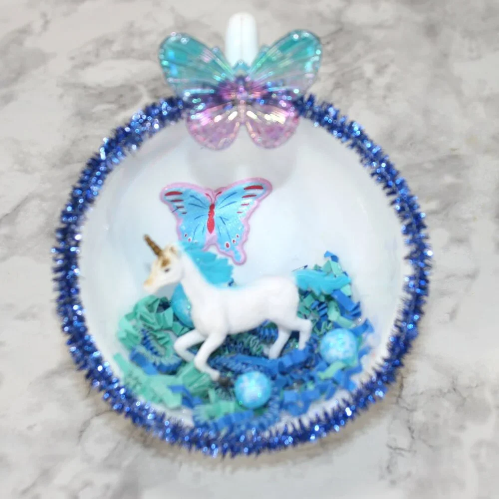 HAND CRAFTED Unicorn Spring Decor Ornament Upcycled Cup Fantasy Turquoise Blue